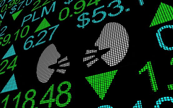 two-people-faces-talking-discussion-communication-stock-market-insider-3d-illustration